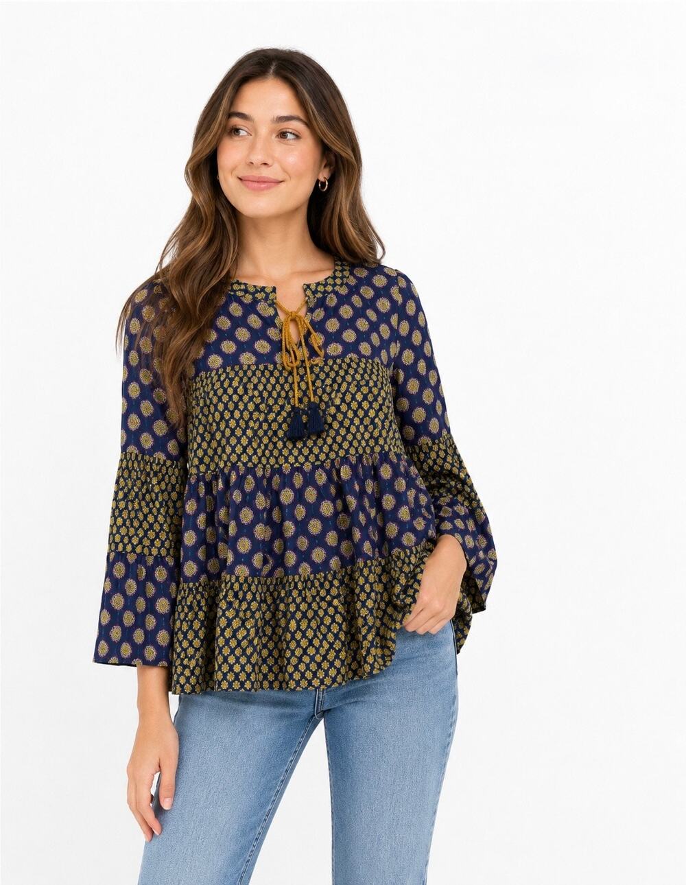 Earthbound Women's Navy Gold Boho Floral Paisley Print Tiered Peasant Top Size S
